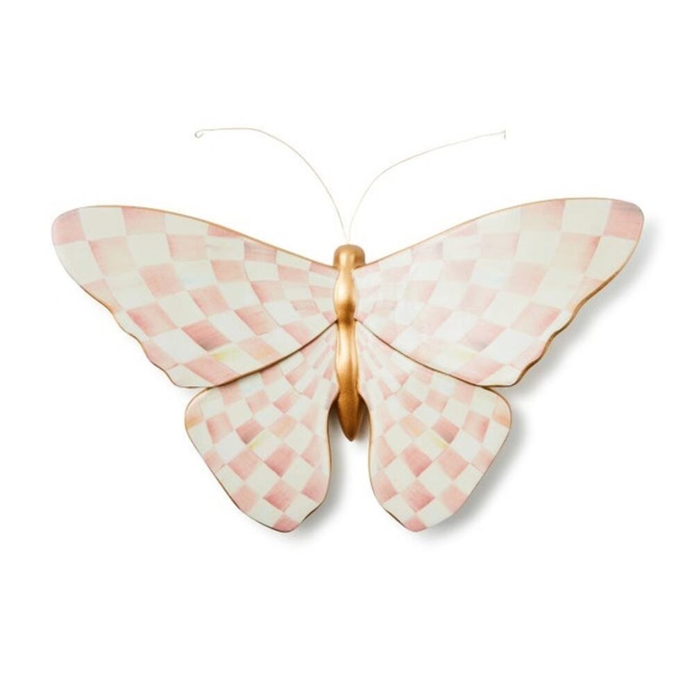 New MacKenzie-Childs Rosy Check Butterfly Wall Decor in Original Box Chic Decor